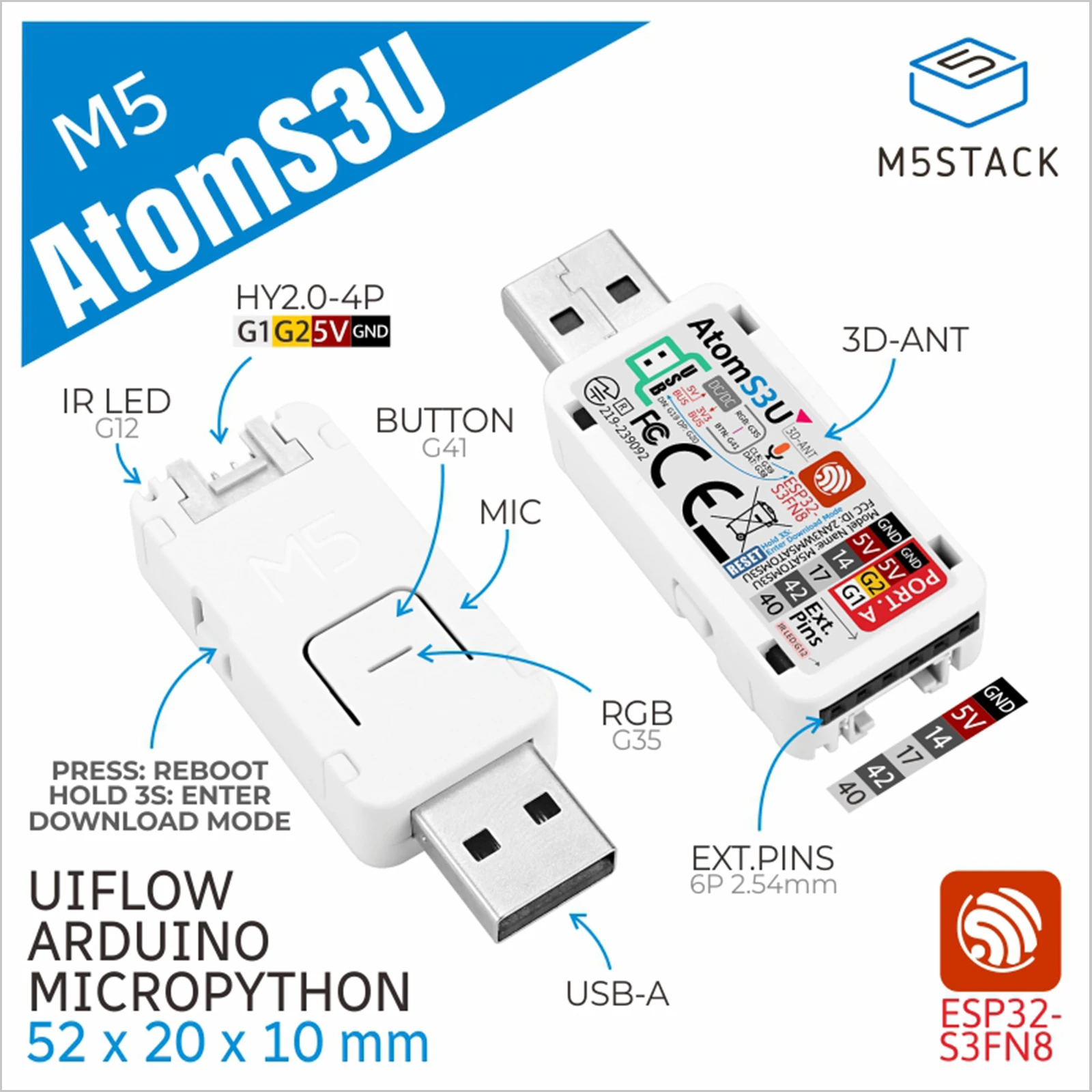 M5Stack AtomS3U ESP32-S3 開発ボード - M5Stack のレビューと価格